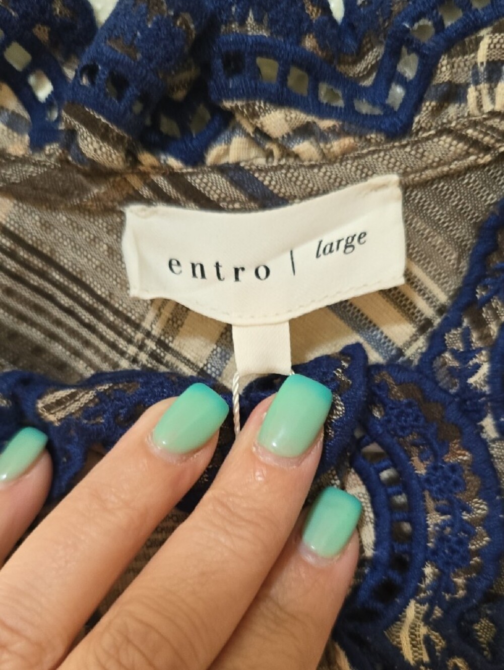 Entro Brown and Cream Plaid Short-Sleeve Top with Navy Lace Trim - Picture 3 of 5